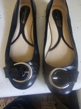 Naturalizer Black Leather Ballet Flats with Silver Buckle